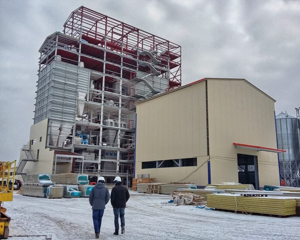 Metal structure of a feed mill under construction