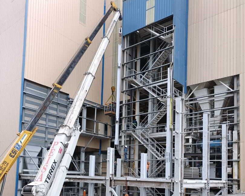 Metal structure of a feed mill under construction