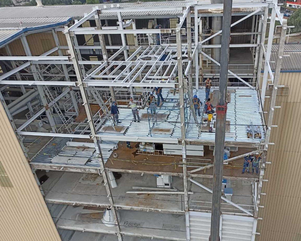 Metal structure of a feed mill under construction