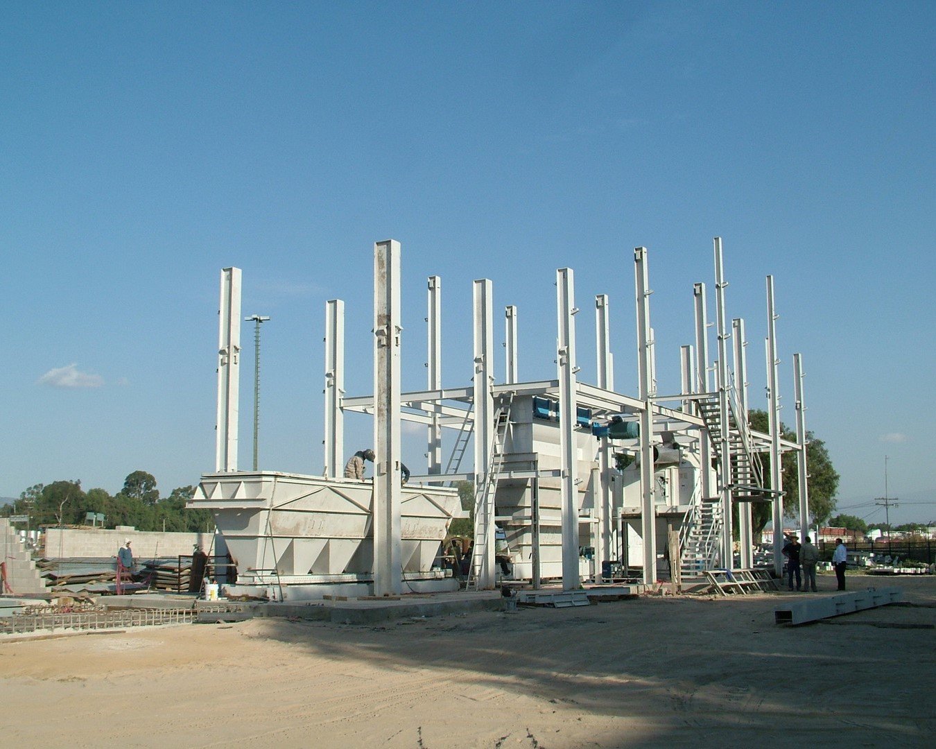 Metal structure of a feed mill under construction