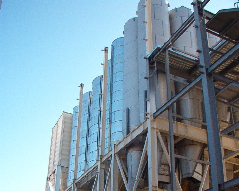 Metal structure of a feed mill under construction