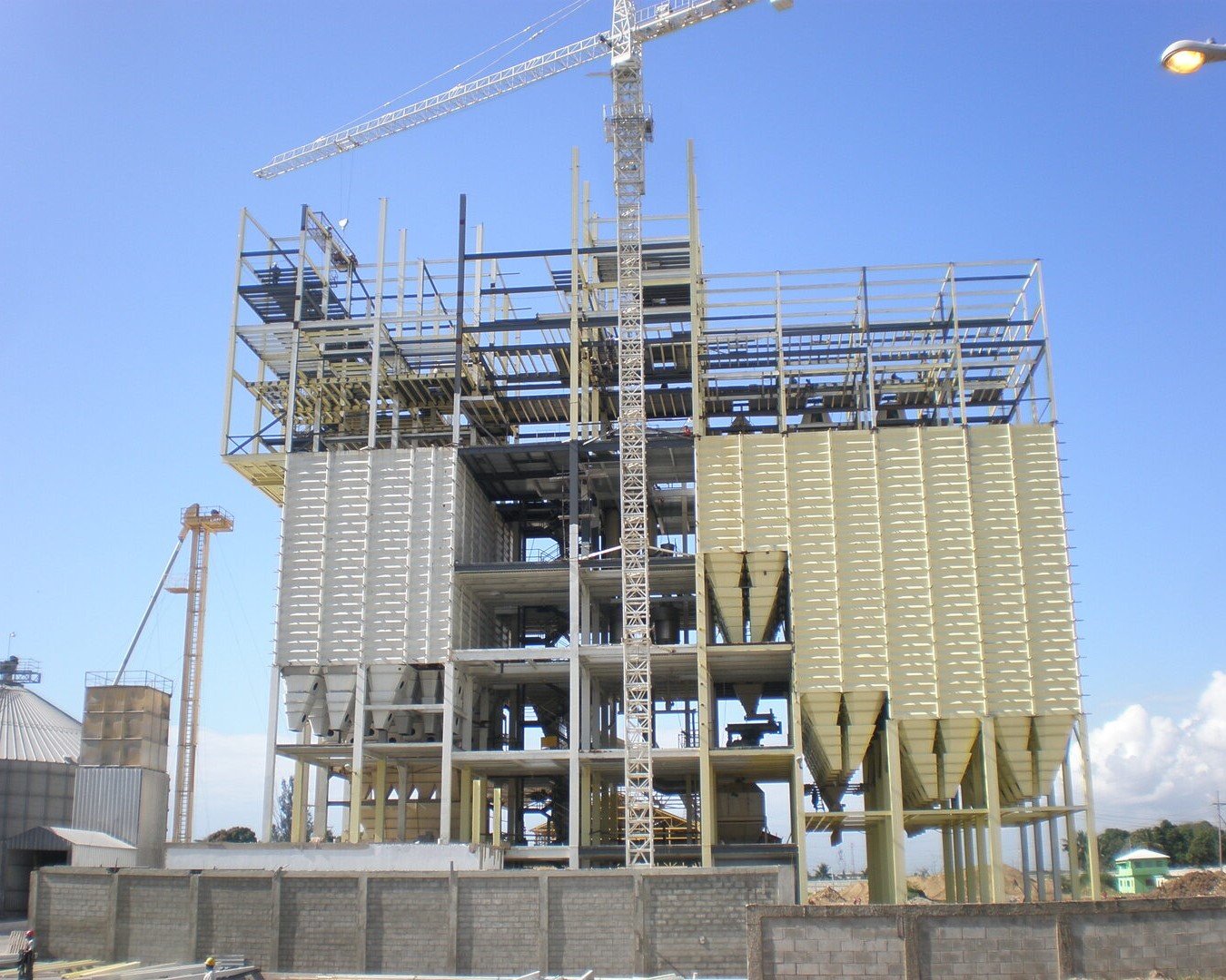 Metal structure of a feed mill under construction