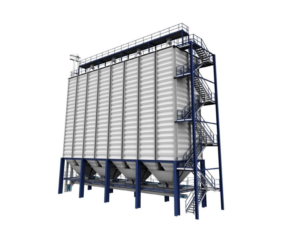 Render de una estructura con silos cuadrados para grano de Rosal