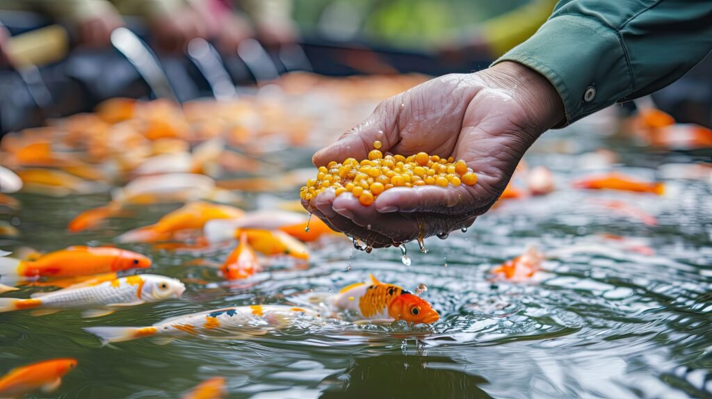 Mano de una persona con pienso para peces y debajo peces en un estanco.