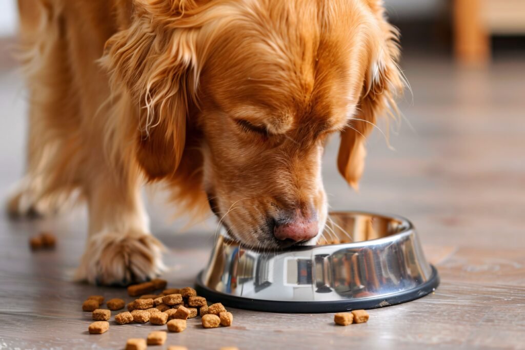 Perro comiendo pienso para animales.