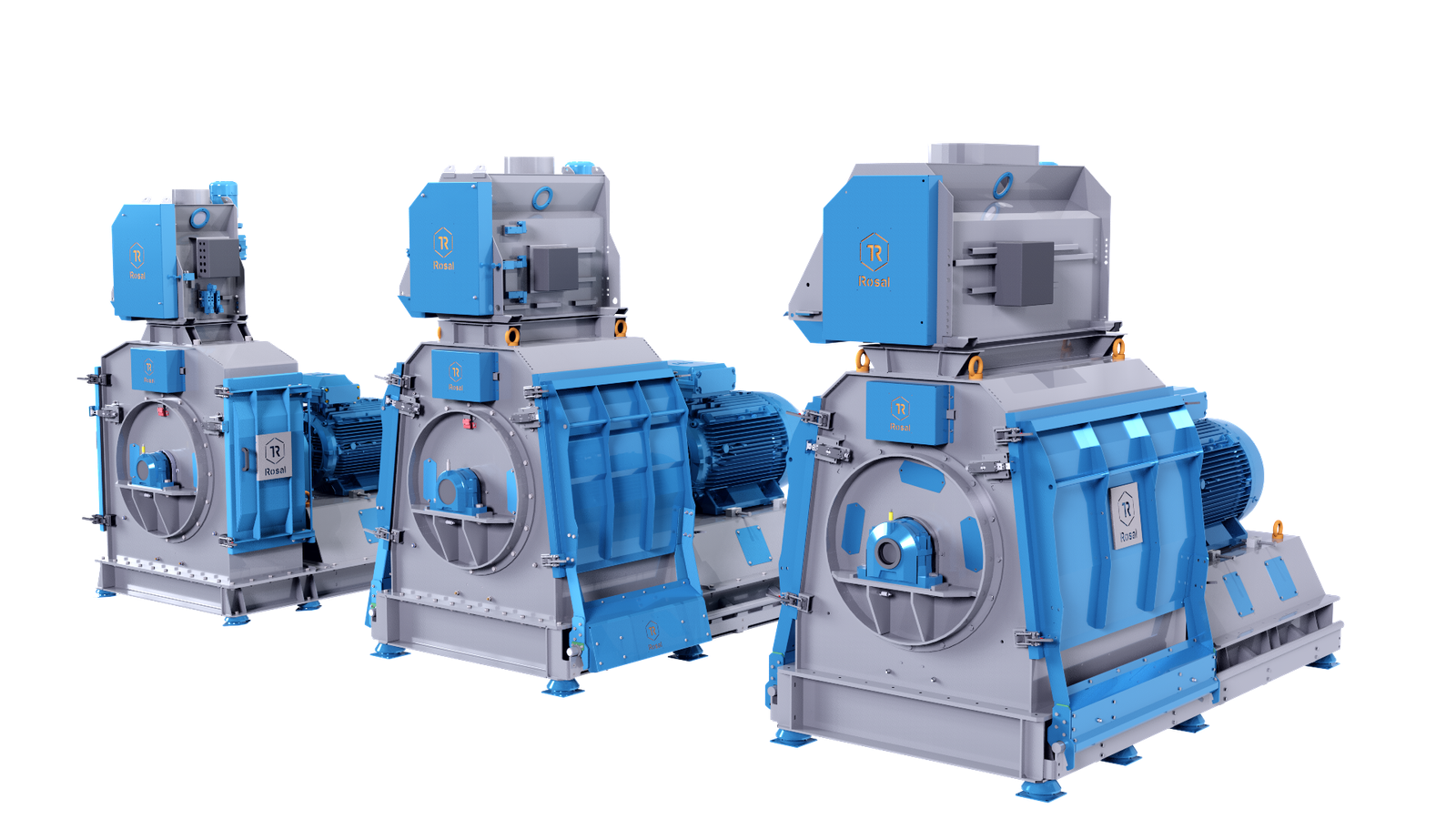 Render of three Rosal hammer mill models