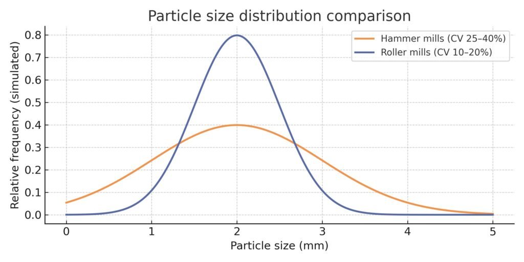 Distribución del tamaño de particula entre un molino de rodillos y uno de martillos.