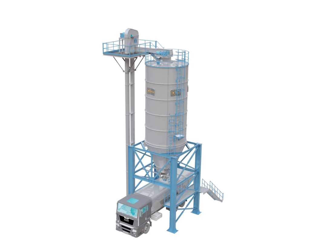 Silo de grano industrial con sistema de transporte y descarga.